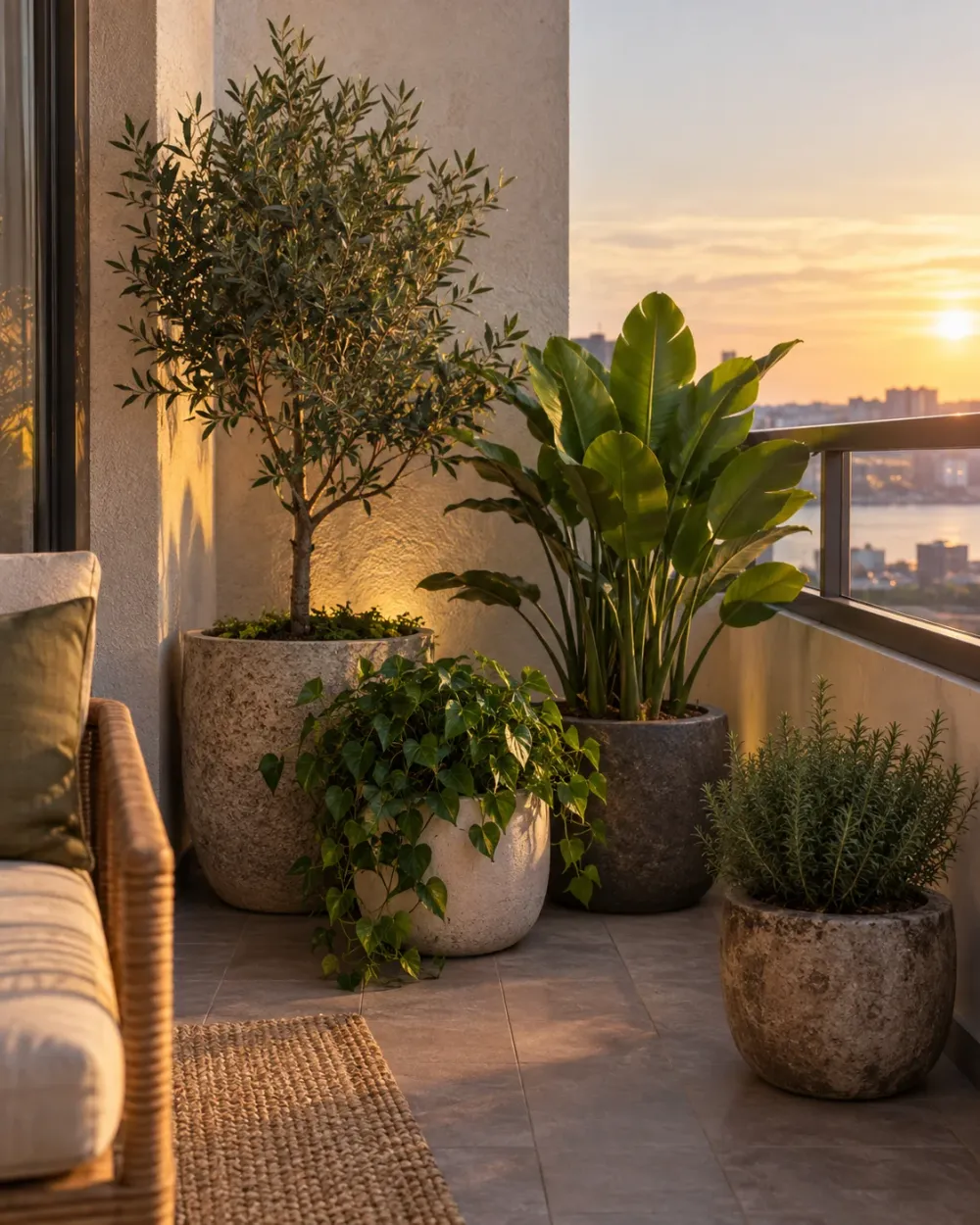 Decorating concept: Stable floor plants soften the view without occupying the railing.