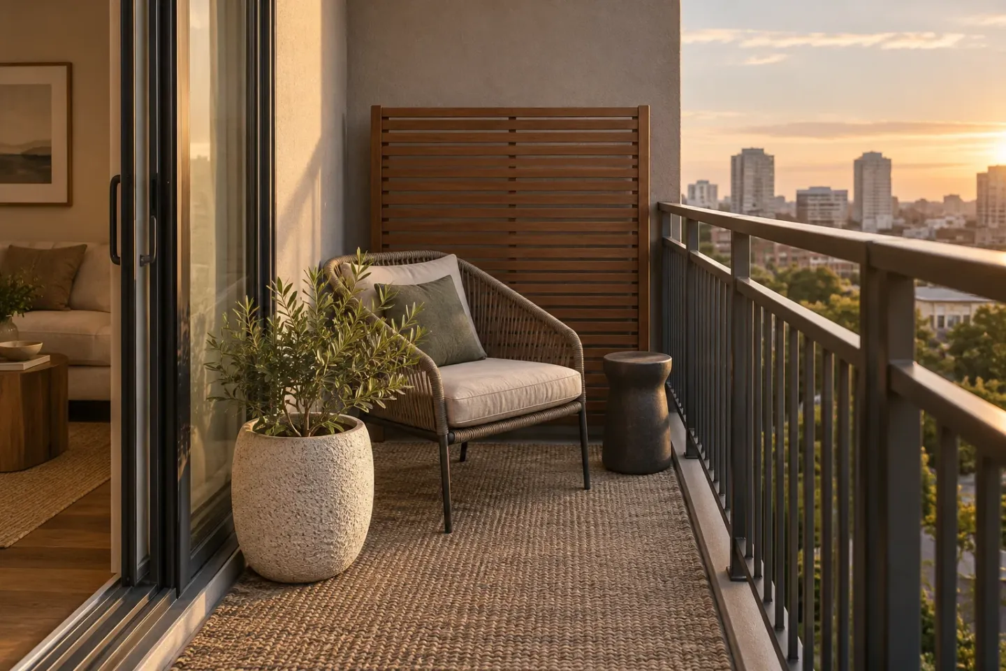Concept of a small balcony with a low freestanding screen beside a solid wall, a compact chair, and stable floor plants below the railing.