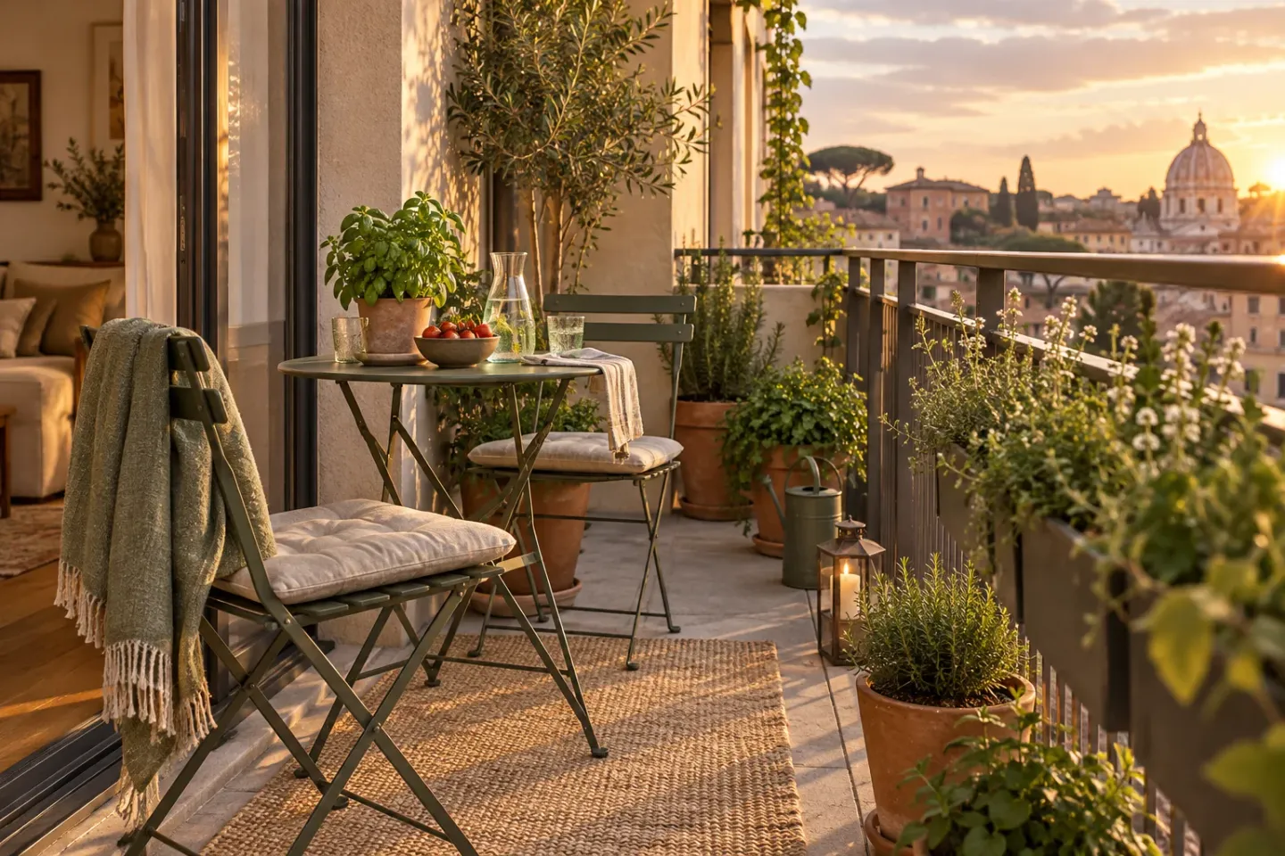 Concept of a narrow apartment balcony with two folding chairs, a round table, terracotta herb pots, and an open route to the door.