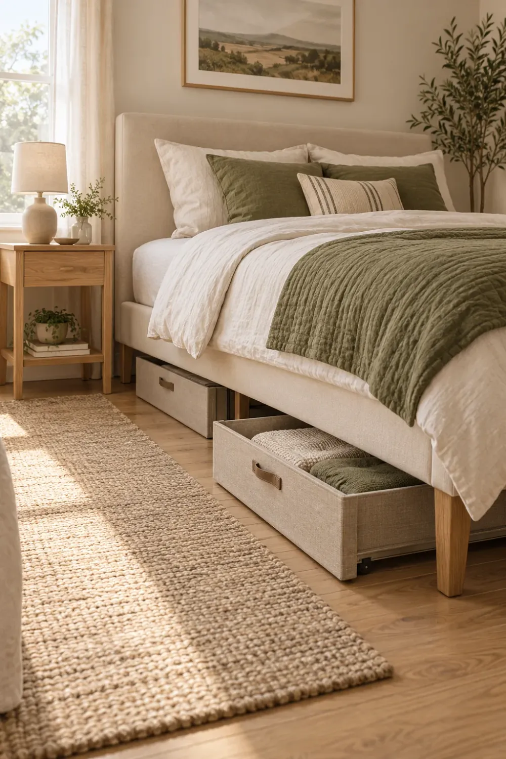 Decorating concept of shallow storage boxes beneath a bed, with one box pulled out for access.