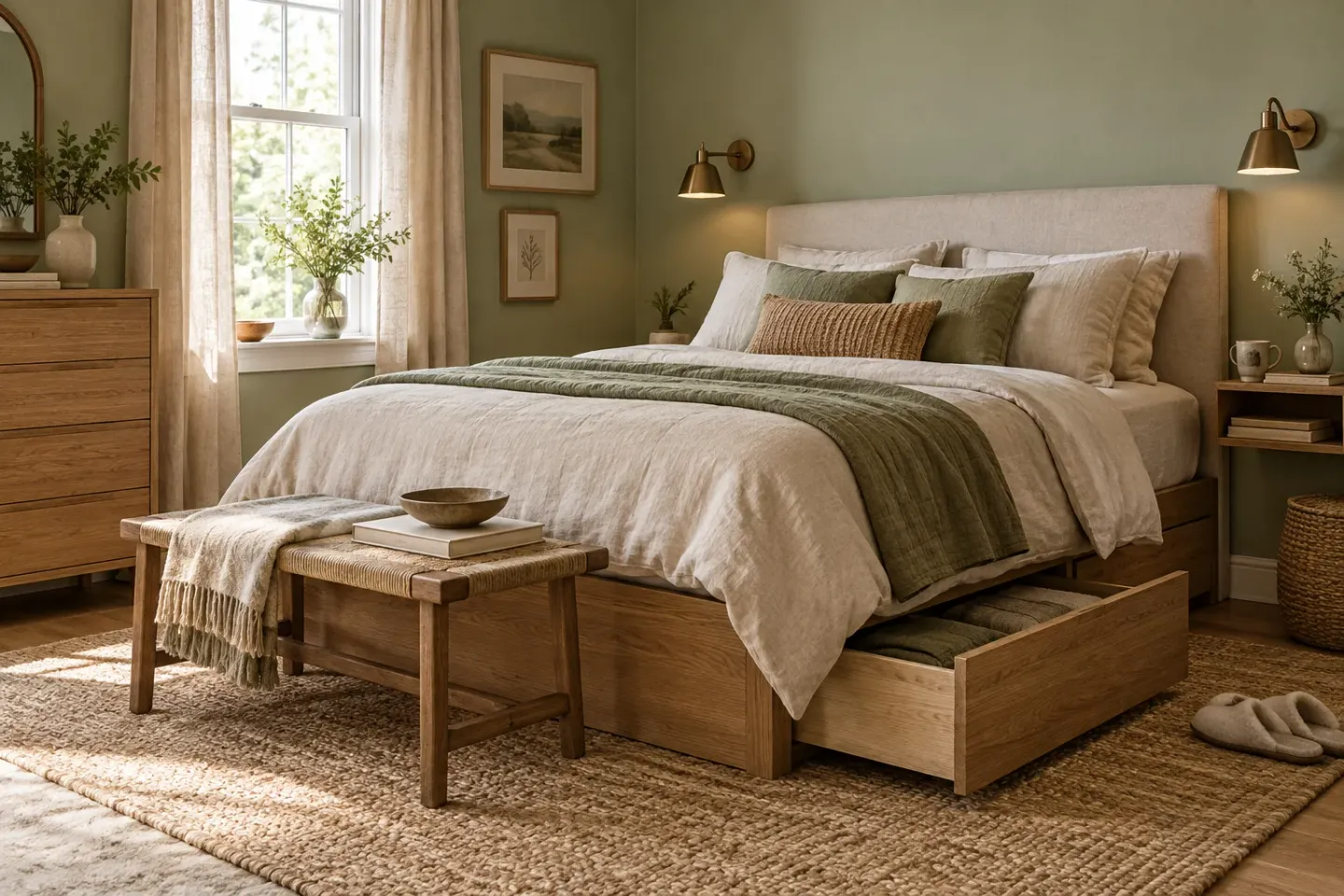 Concept of a small sage bedroom with linen bedding, slim bedside furniture, wall lights, and storage tucked beneath an oak bed.