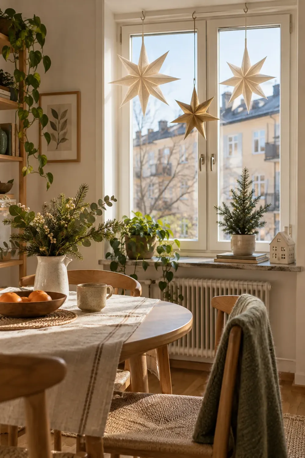 Decorating concept of ivory paper stars beside a small apartment dining corner and window.