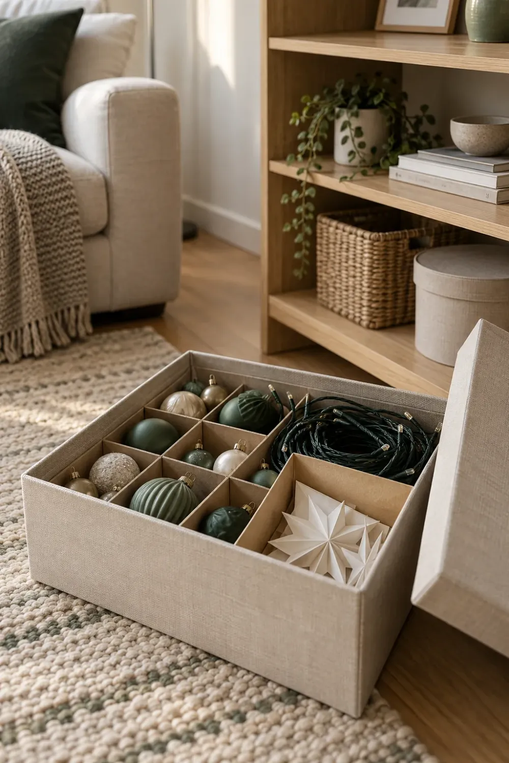 Decorating concept of a shallow open storage box holding ornaments in dividers, a coiled light string and protected paper stars.