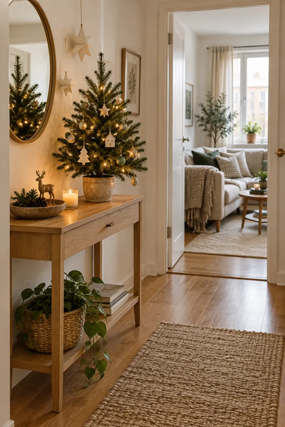 Decorating concept of a tabletop Christmas tree on a compact console, with paper stars nearby.