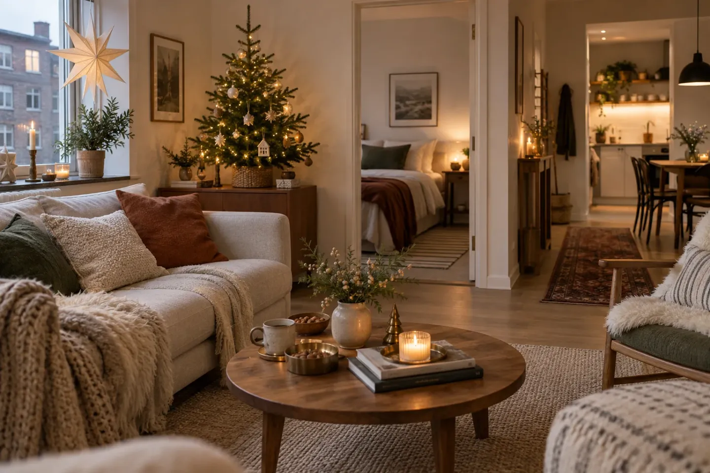 Concept of a compact apartment living room with a tabletop Christmas tree, paper stars, neutral cushions, and softly glowing lights.
