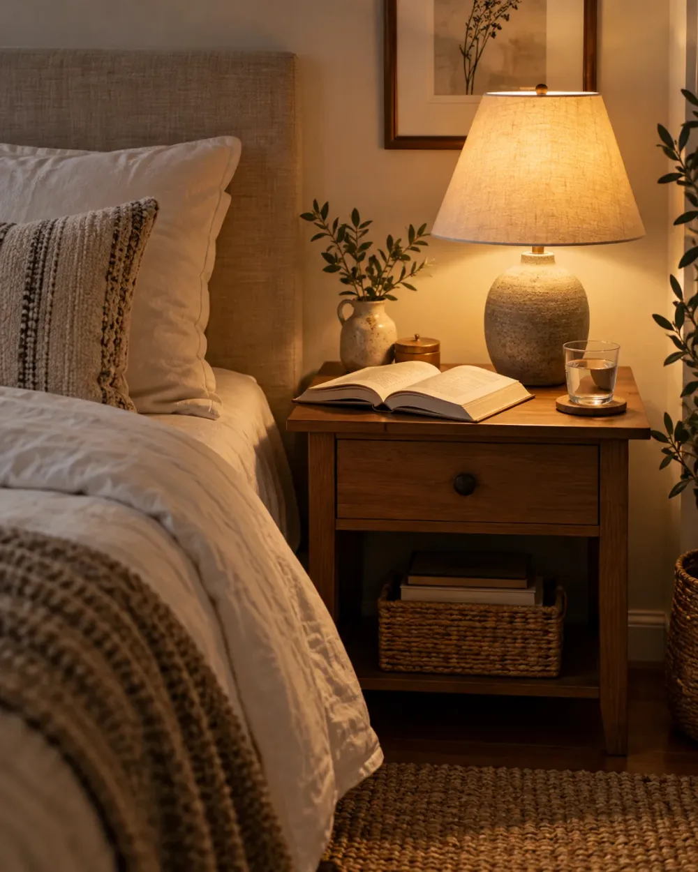 Decorating concept: A shaded bedside lamp softens the view of the light source.