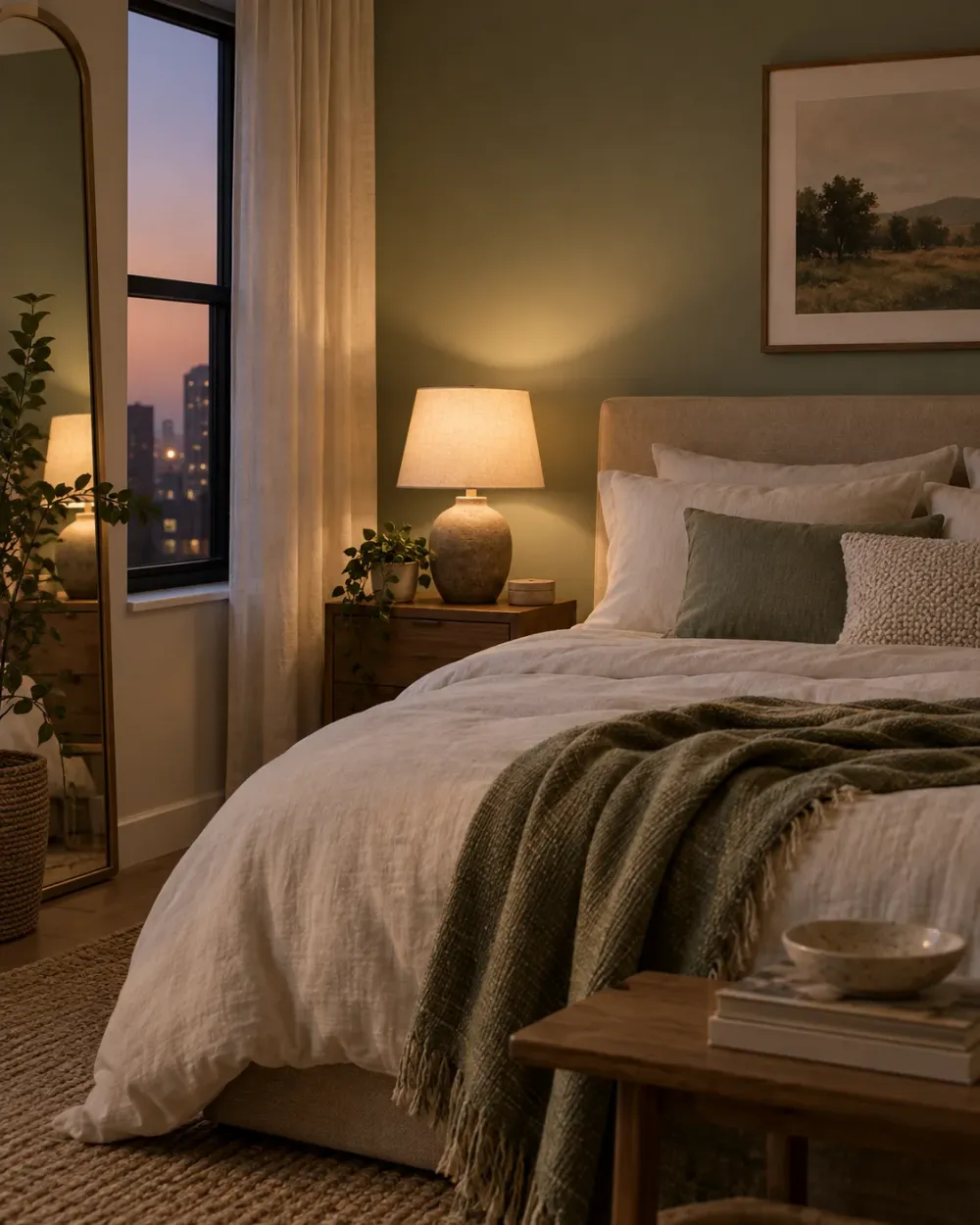Decorating concept: Related light tones make a compact bedroom feel connected.