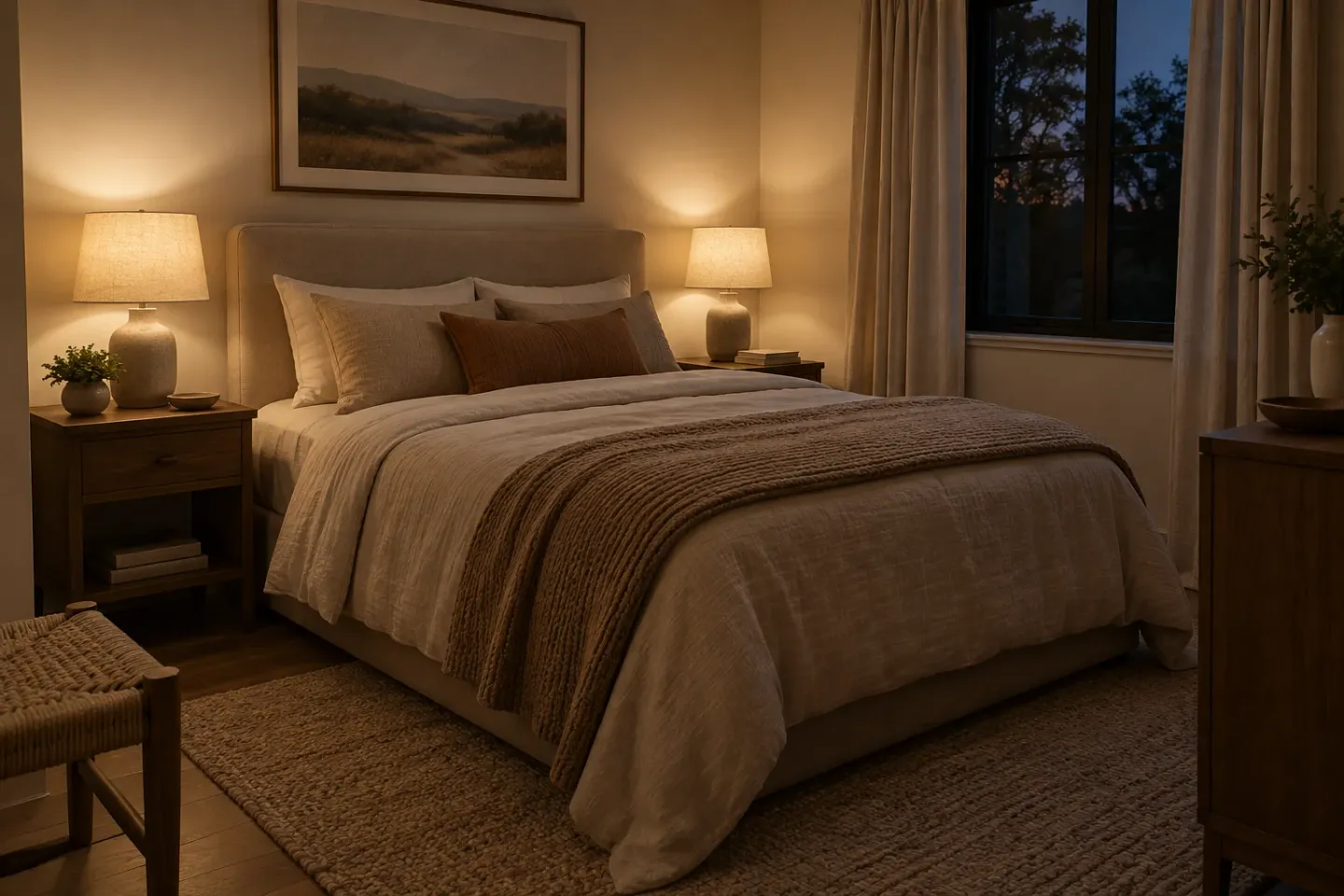 Concept of a small bedroom at dusk with shaded bedside lamps, warm linen bedding, and a calm softly lit wall.