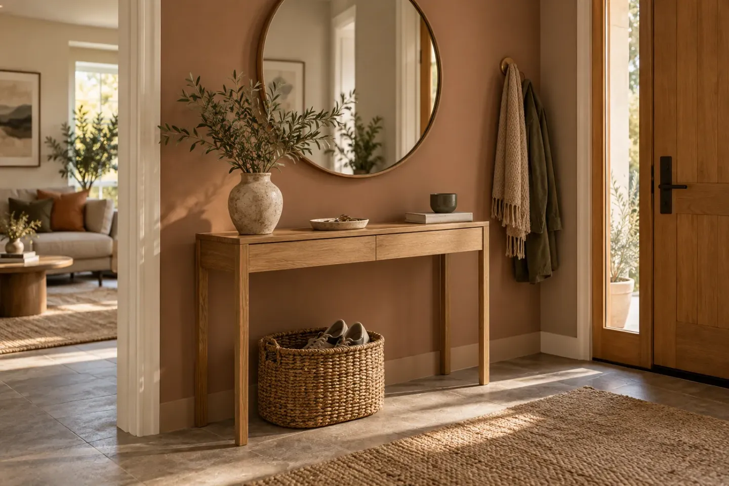 Concept of a small apartment entryway with a slim oak console, round mirror, shoe basket, and ceramic key tray against a muted clay wall.