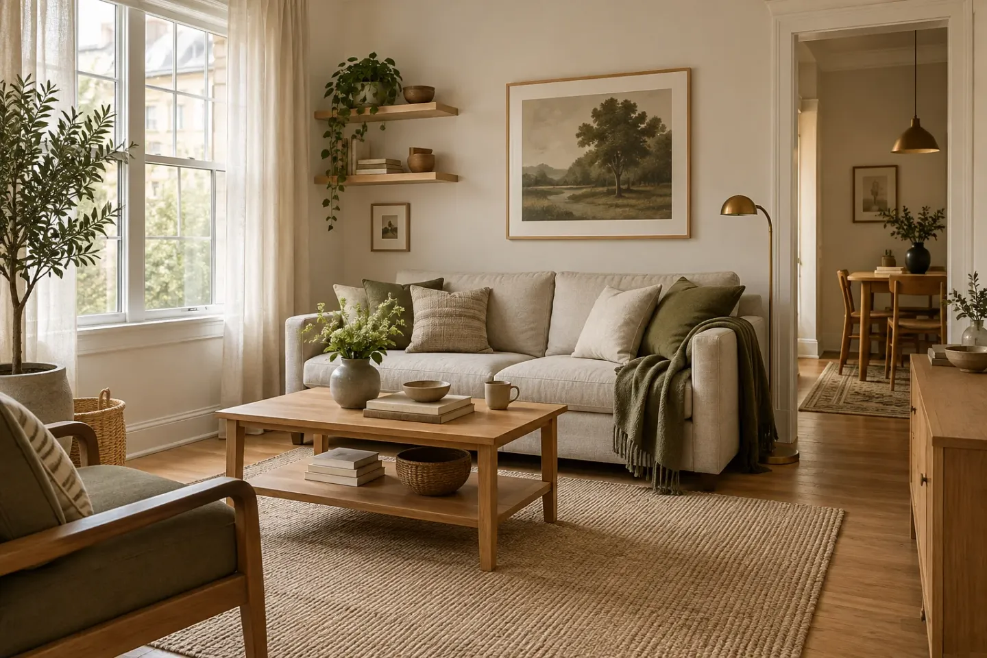 Concept of a compact living room with an oatmeal sofa, oak coffee table, olive cushions, and a clear walkway beside the window.
