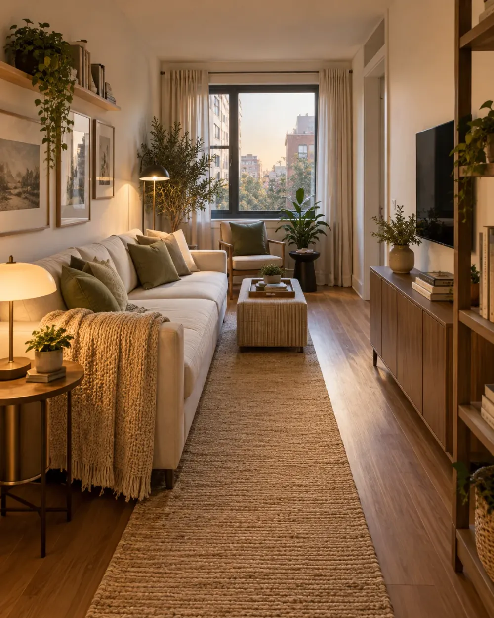 Decorating concept: A long-wall sofa arrangement leaves the room’s main route visible.