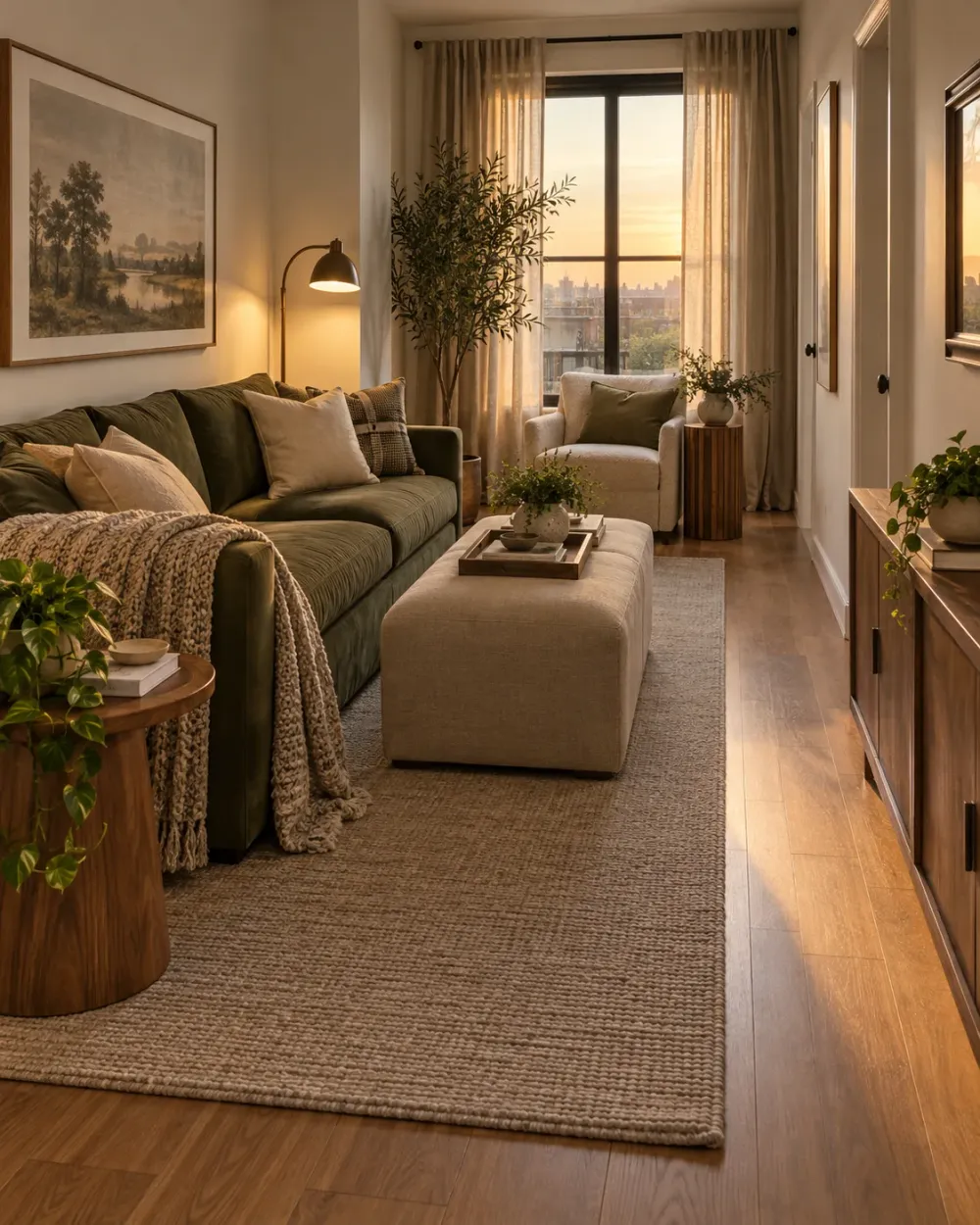 Decorating concept: A single rug defines the seats while the route remains outside it.
