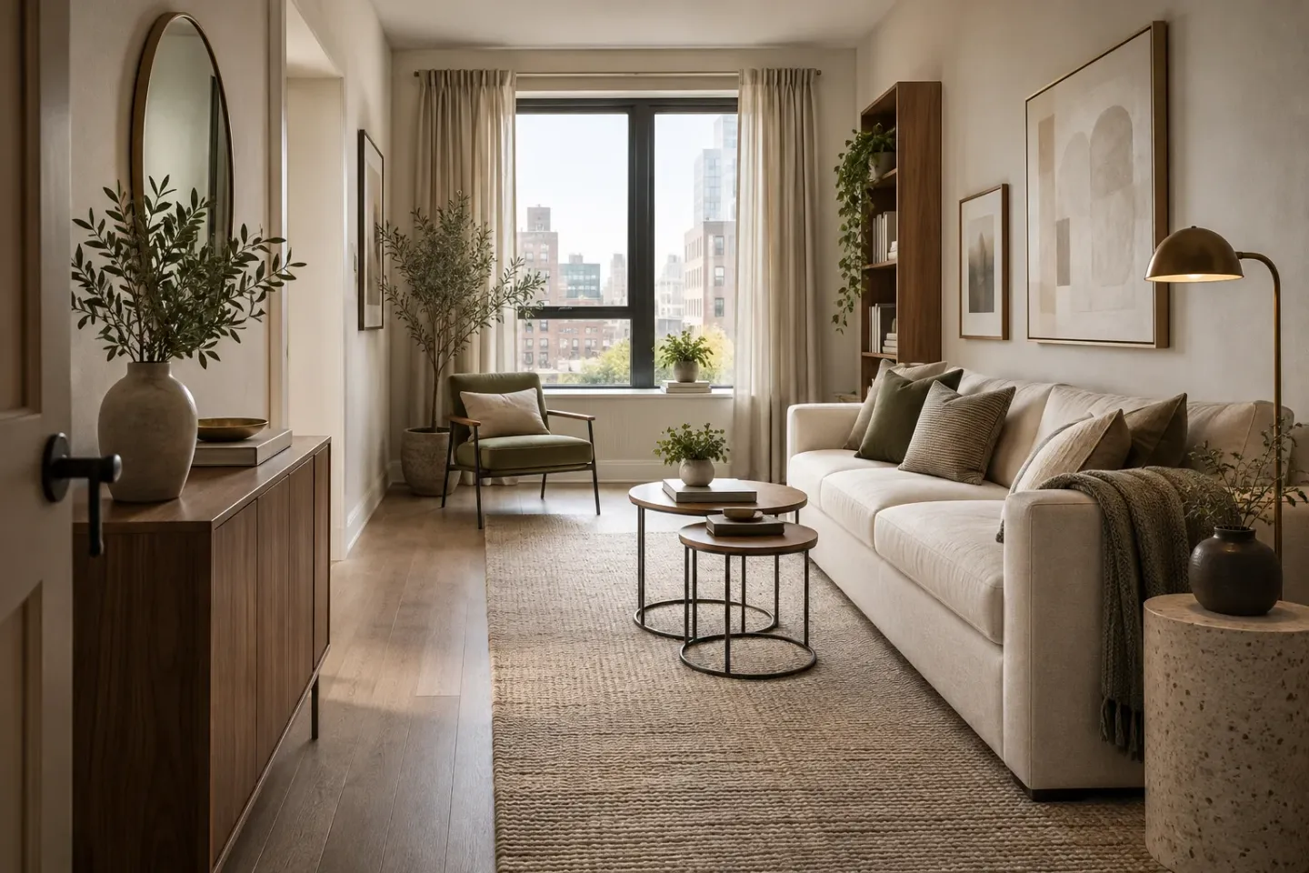 Concept of a narrow living room with a cream sofa, nesting tables, an armchair, and an open route from the doorway to the window.