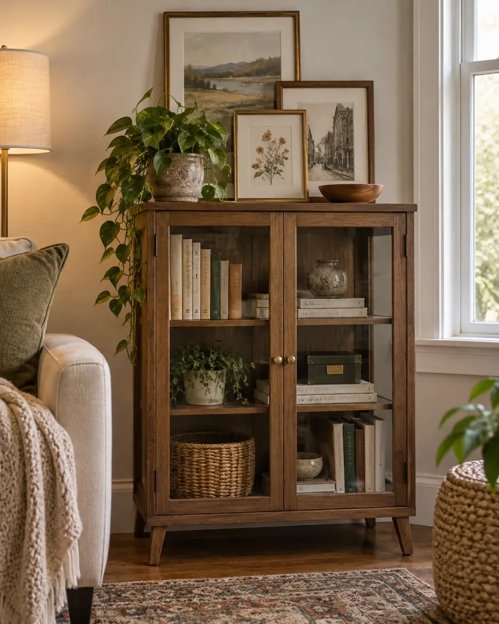 Decorating concept: A freestanding display unit gives a few favorite pieces a defined home.