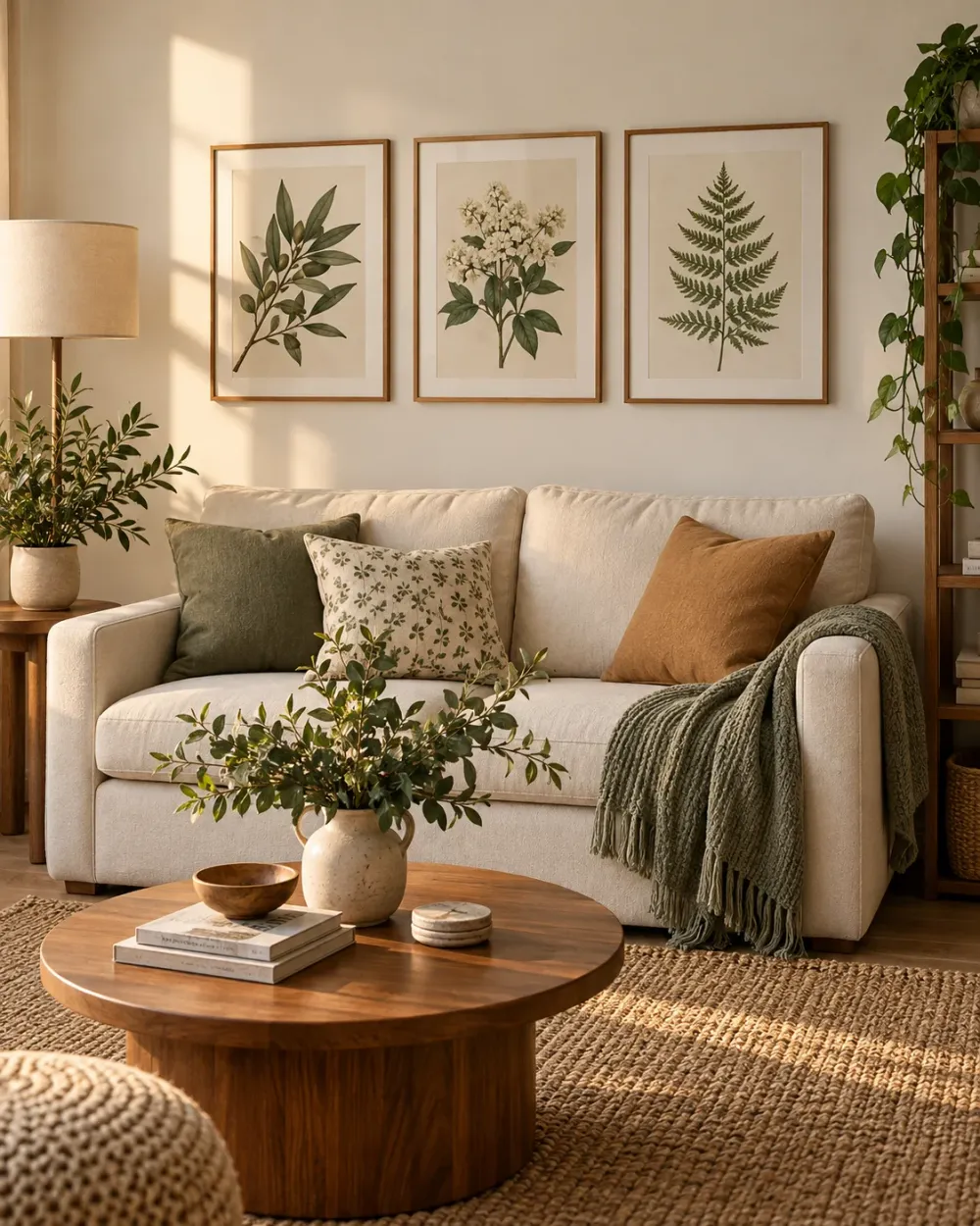 Decorating concept: Three related frames make a restrained gallery above the sofa.