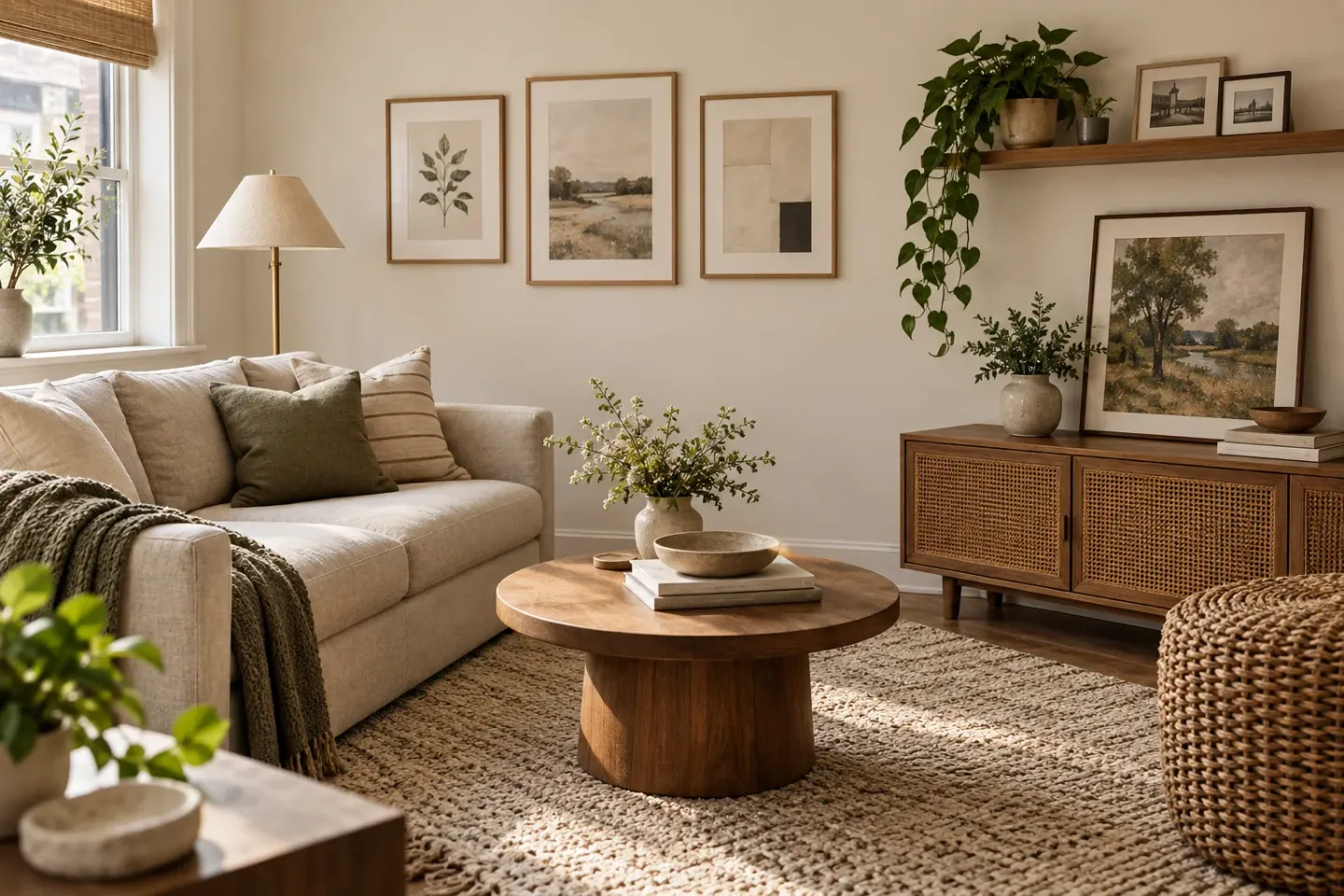 Concept of a cozy rental living room with grouped framed art, a light sofa, and display shelves beside a wooden cabinet.