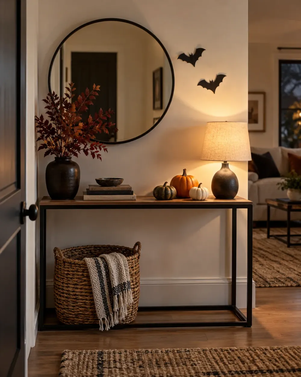 Decorating concept: A little paper-bat grouping gives one wall an October focal point.