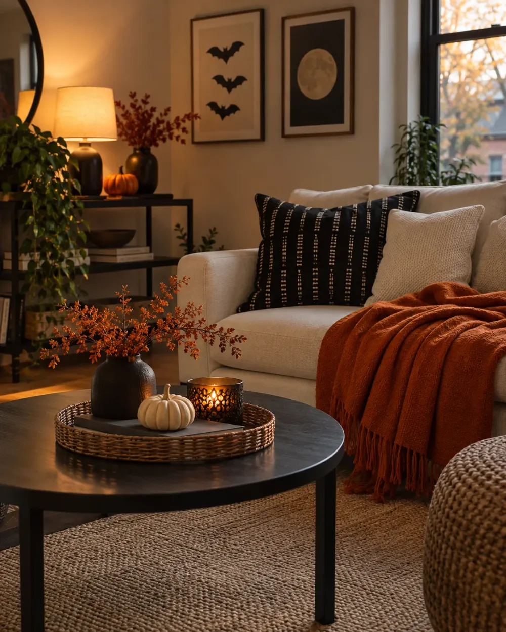 Decorating concept: One black-and-cream cushion and a muted orange textile change the mood.