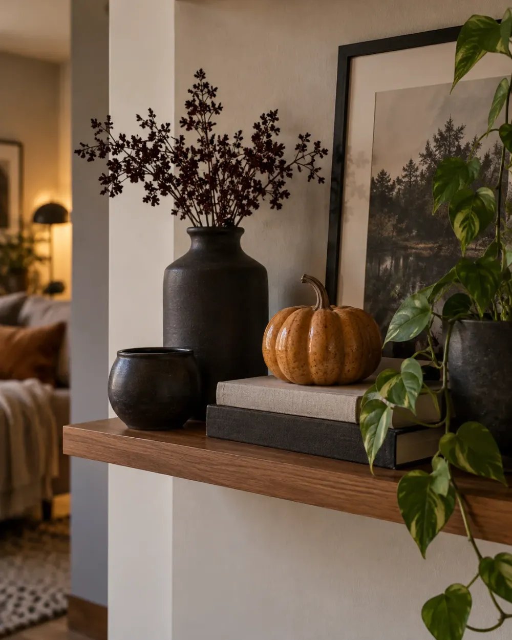 Decorating concept: Dark ceramics and a small pumpkin make a compact Halloween vignette.