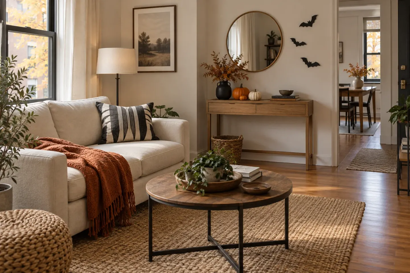 Concept of a small apartment styled for Halloween with subtle paper bats, little pumpkins, a cream sofa, and a restrained black-and-orange palette.