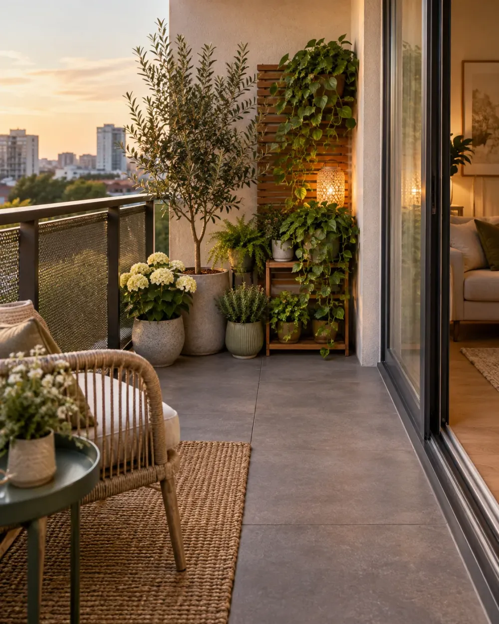 Decorating concept: Grouped greenery leaves a visible route through the balcony.