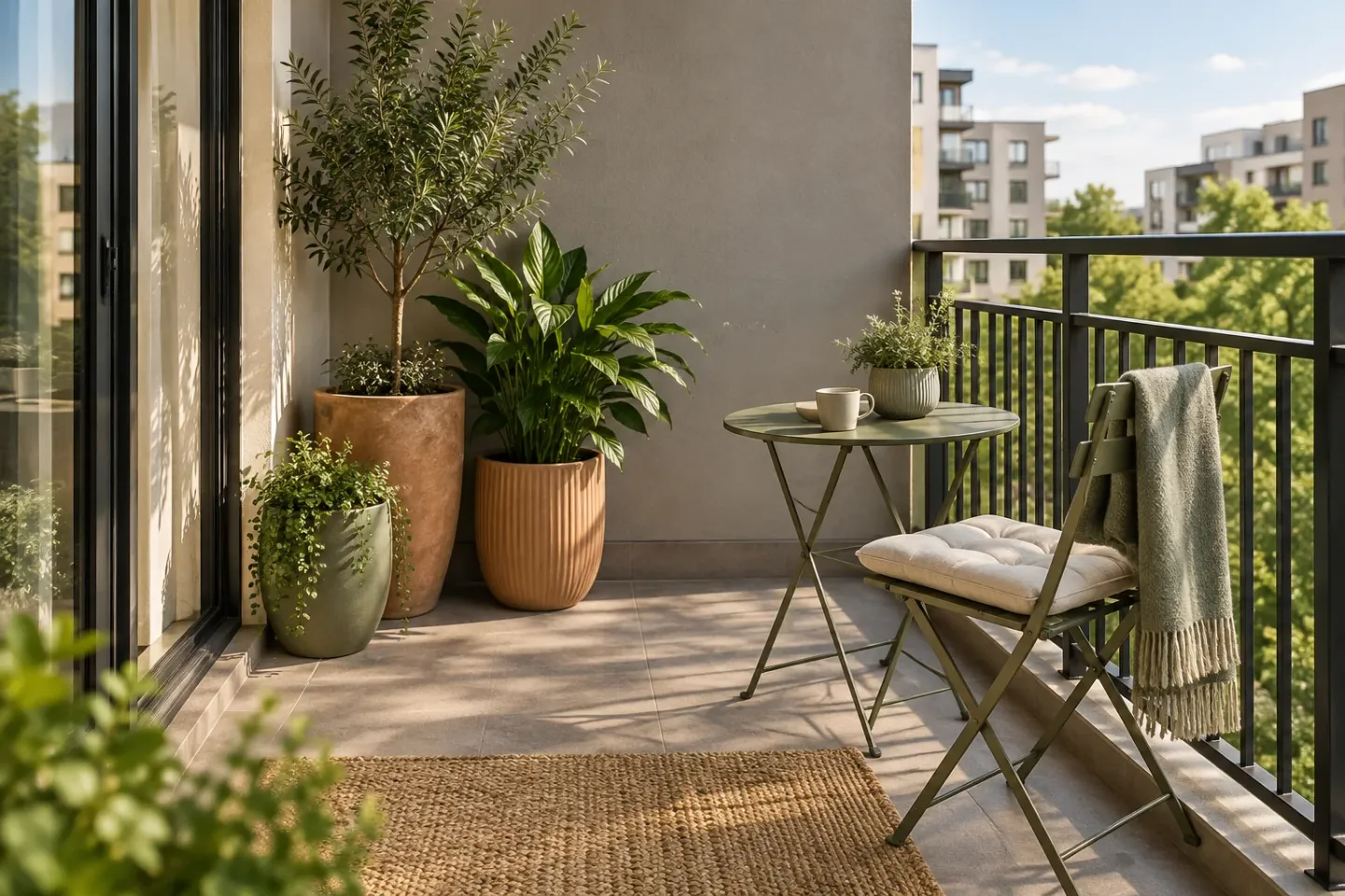 Concept of a compact balcony with grouped leafy plants in terracotta and sage pots, a folding chair, and a clear route to the door.