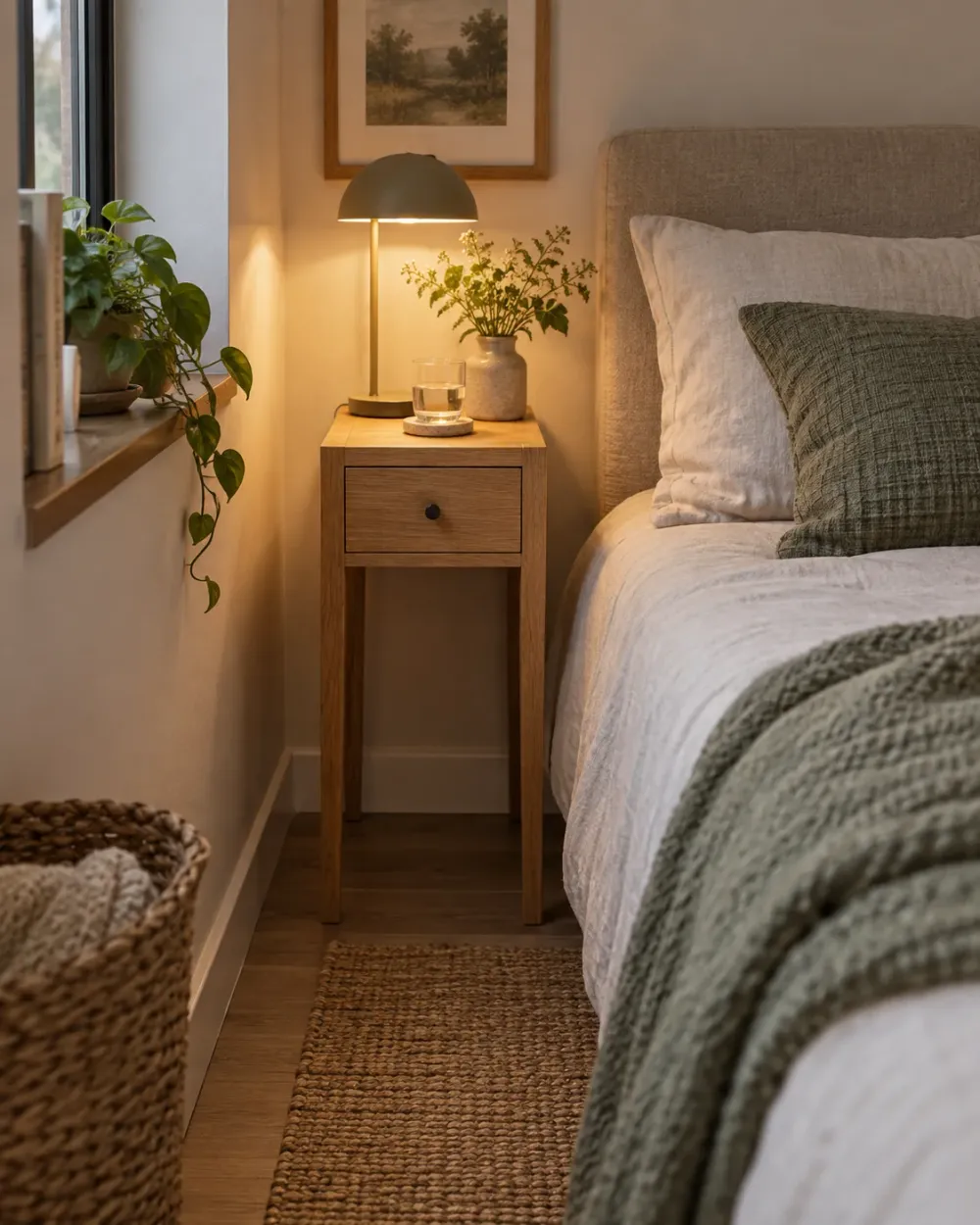 Decorating concept: One drawer and a narrow footprint keep the bedside useful.