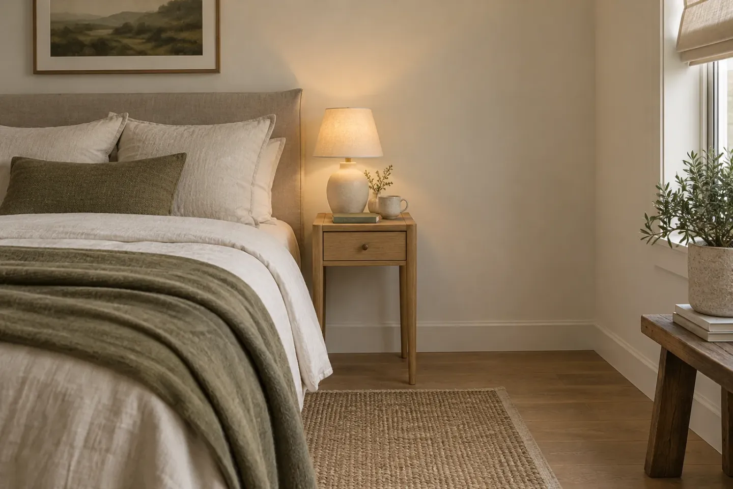 Concept of a small bedroom with a narrow oak bedside table, one drawer, a compact shaded lamp, and a linen-covered bed.
