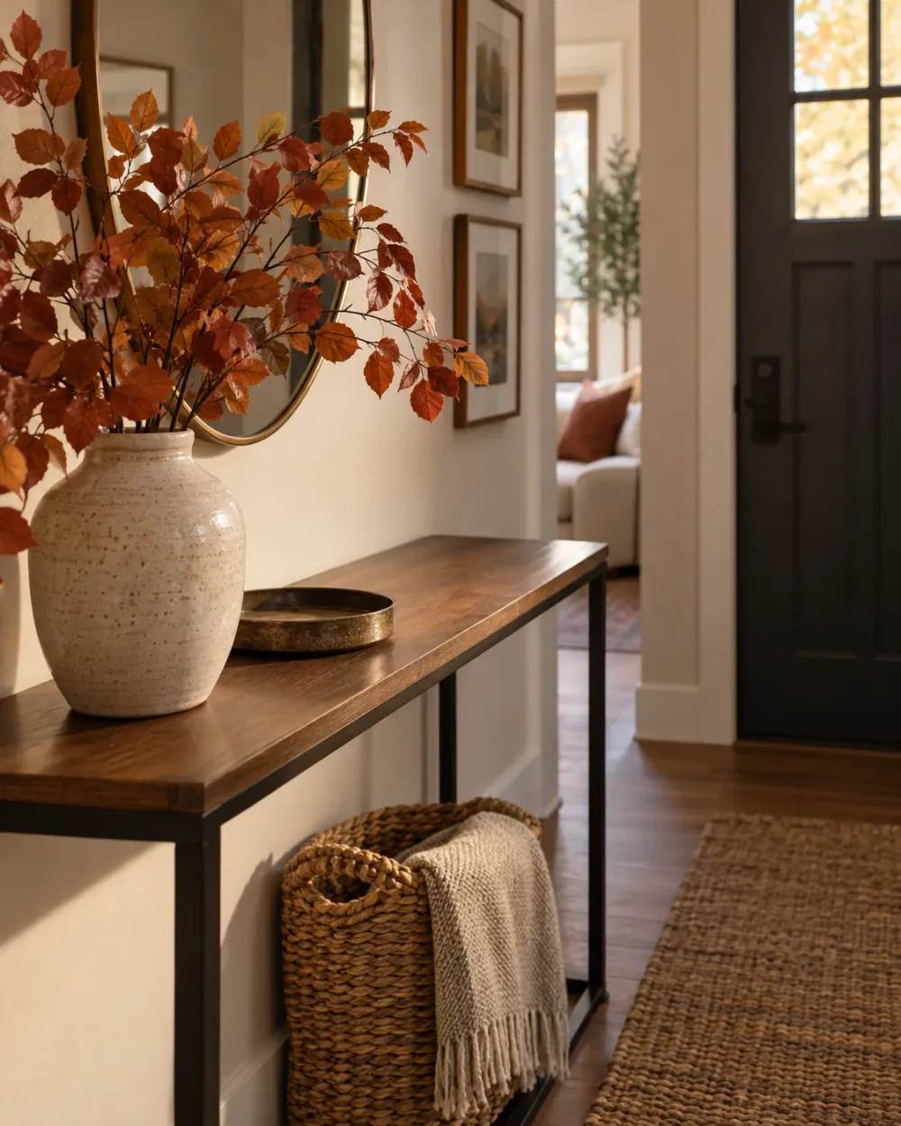 Decorating concept: A few autumn stems give the console height while leaving the tray usable.