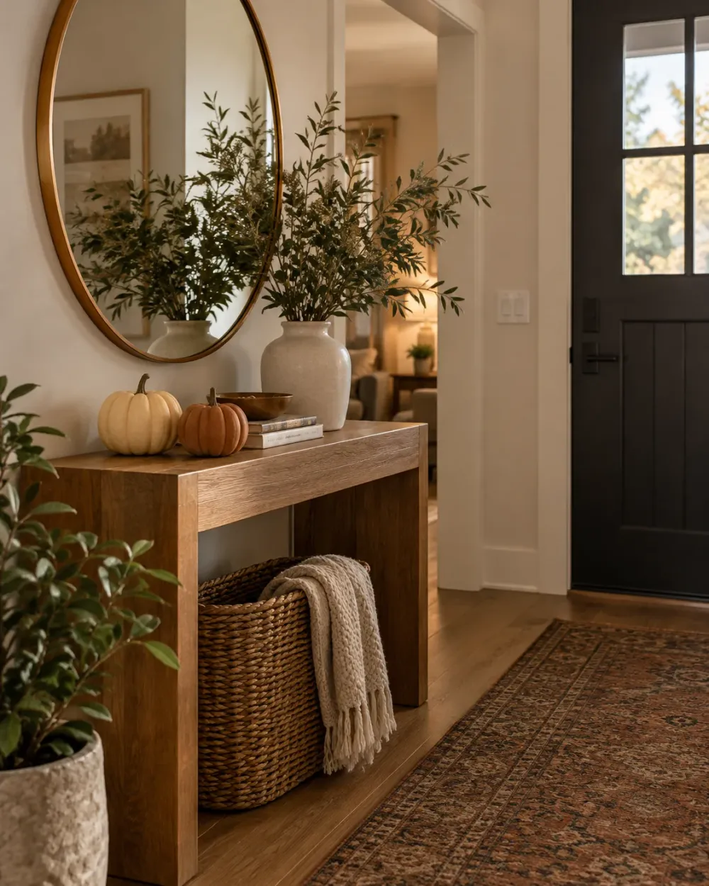 Decorating concept: Two little pumpkins add October color without filling the surface.