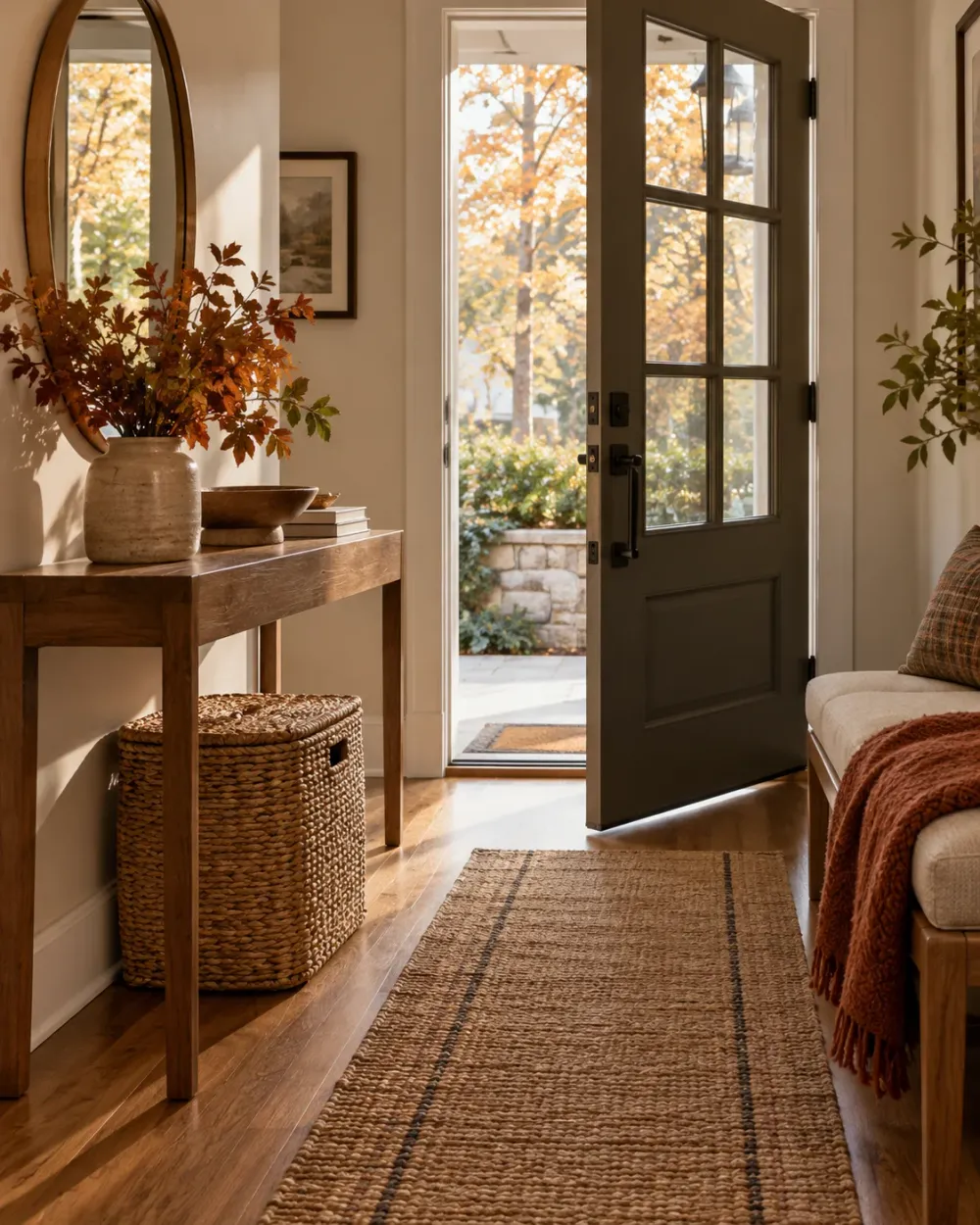 Decorating concept: A woven basket and one warm textile add texture without another display.