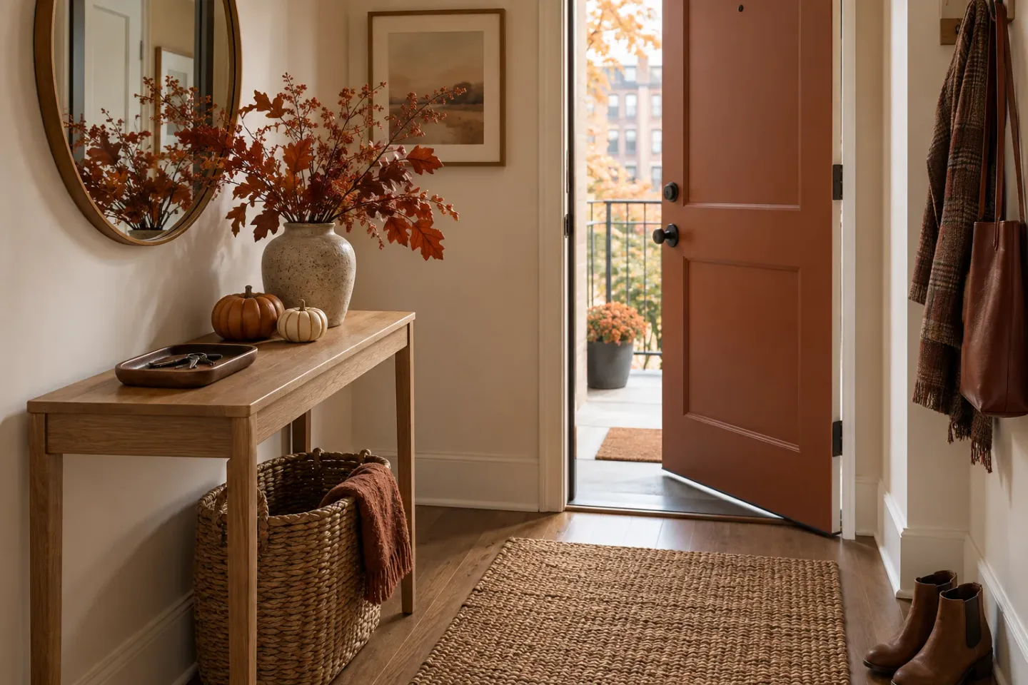 Concept of a small October entryway with autumn branches in a ceramic vase, two little pumpkins, an oak console, and a useful key tray.