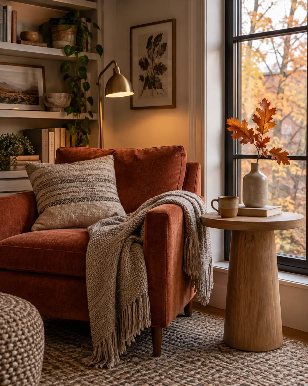 Decorating concept: An autumn-colored chair gives one small corner a seasonal focal point.