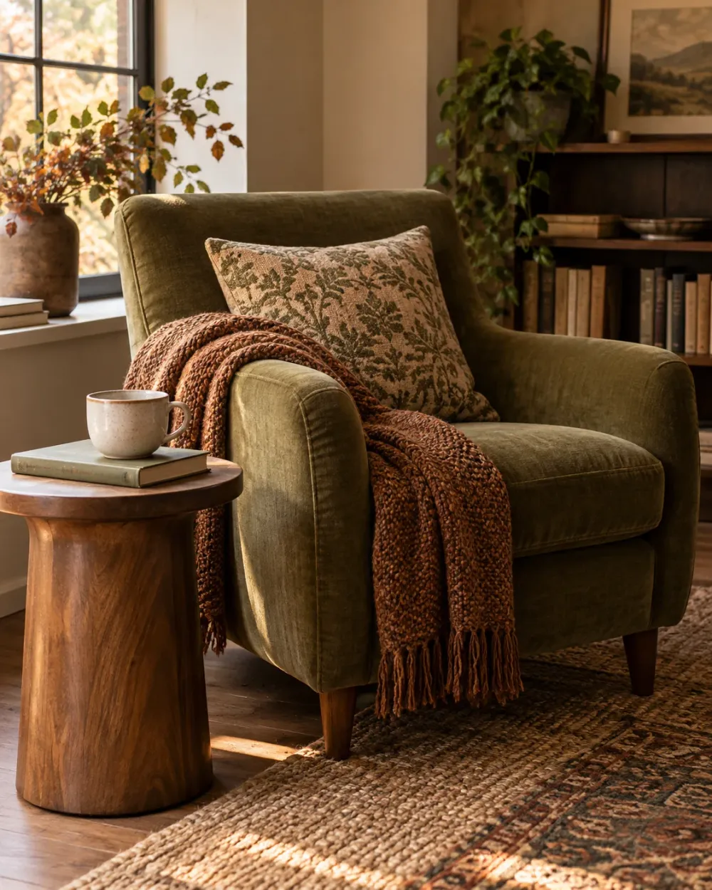 Decorating concept: A reachable table leaves space for the items used while reading.
