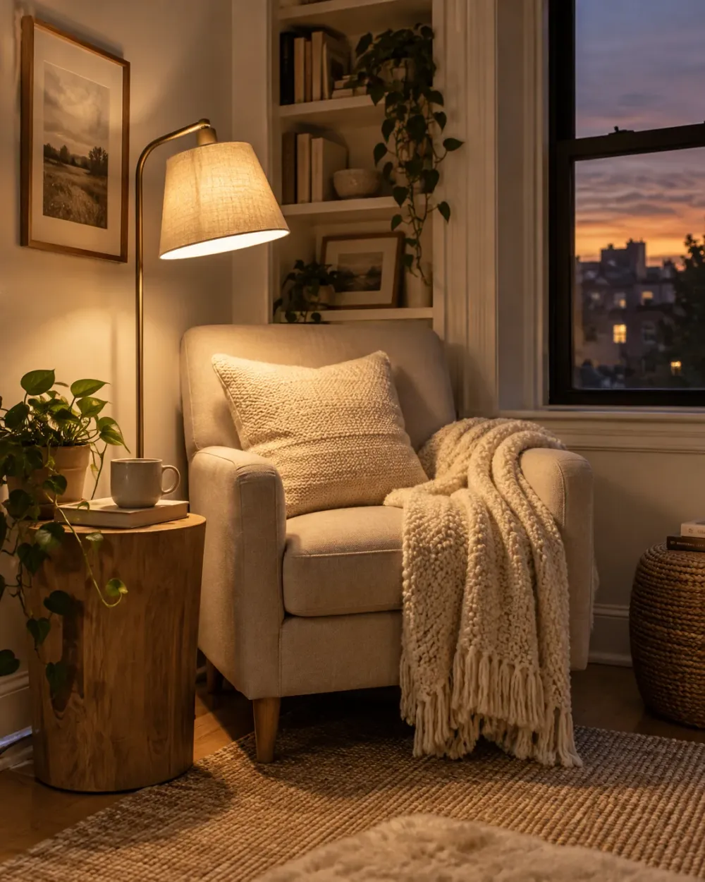 Decorating concept: A shaded lamp directs light toward the seat and book.