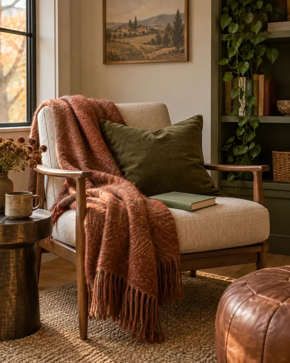 Decorating concept: One textured throw supplies warmth and a restrained fall accent.