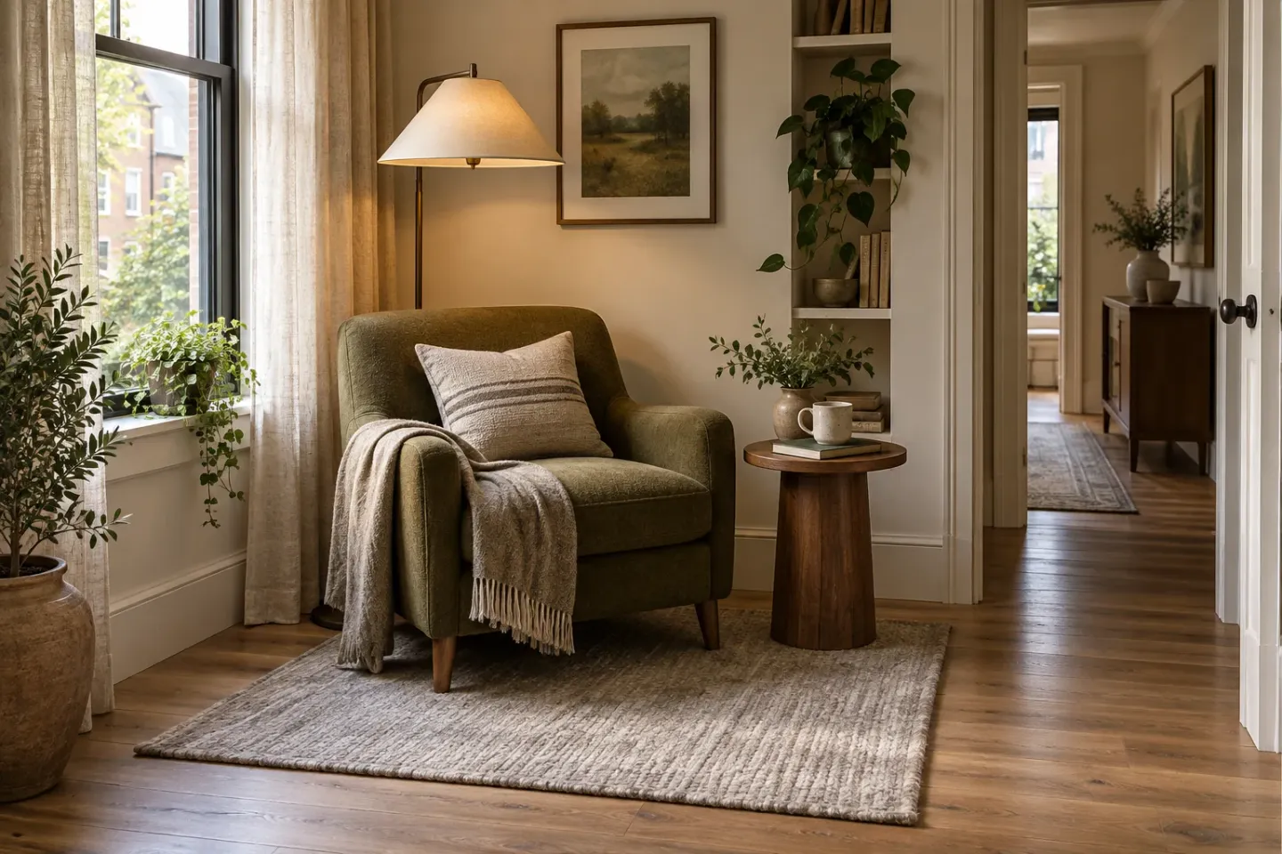 Concept of a small reading nook with an olive armchair, a reachable side table, a shaded floor lamp, and a linen curtain beside a window.