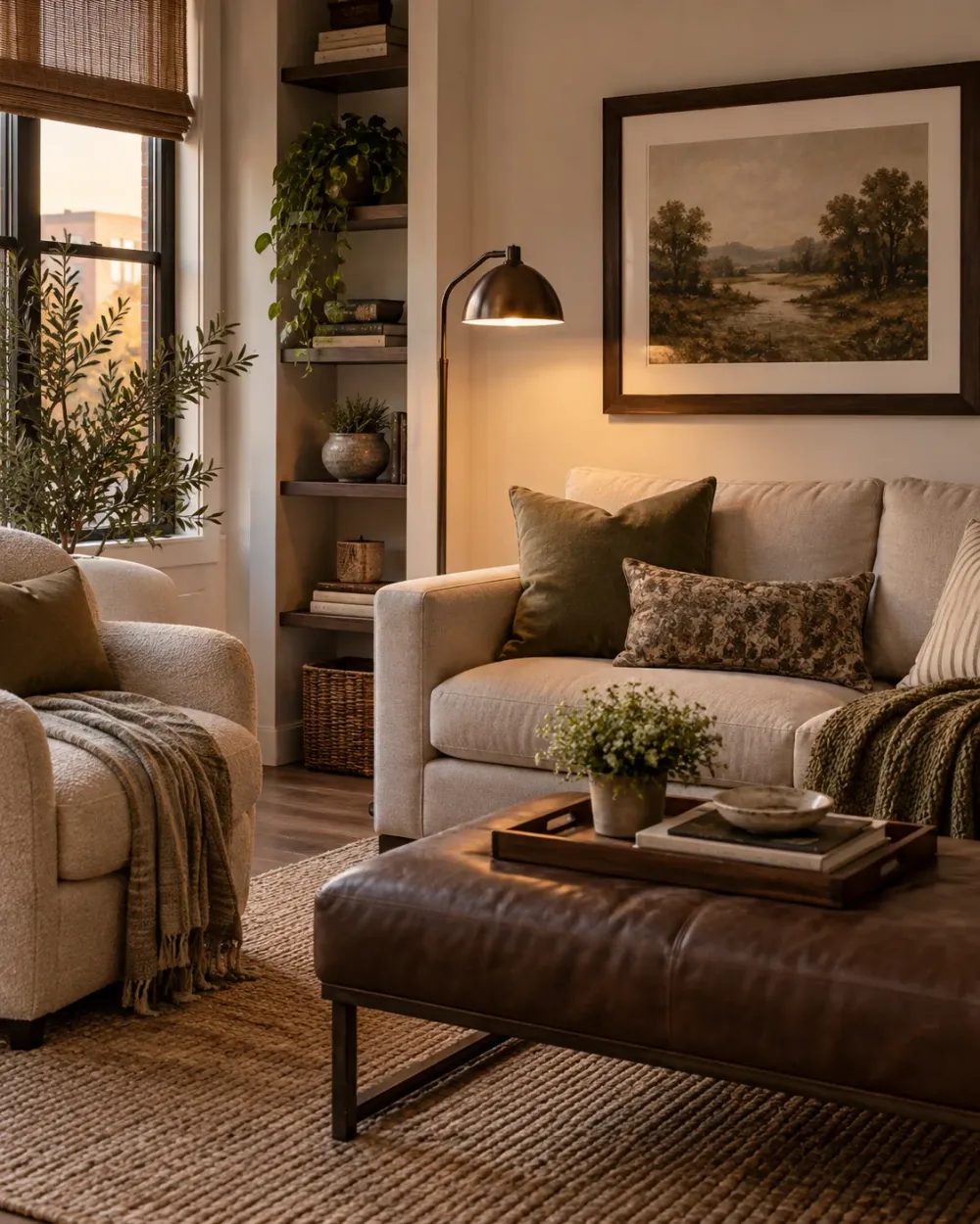 Decorating concept: One darker lamp and frame give pale furnishings definition.