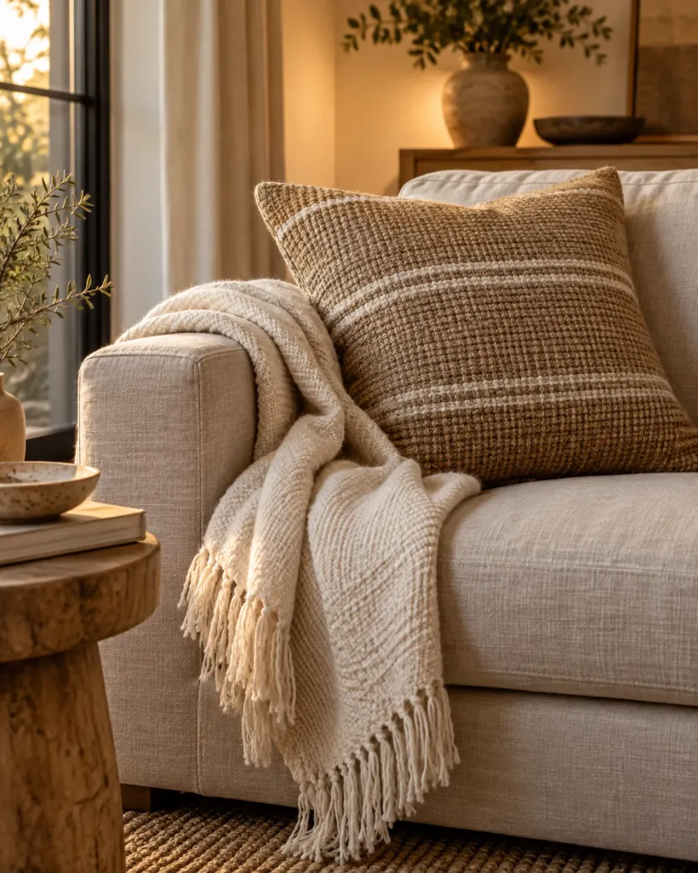 Decorating concept: Linen and woven textures add depth without another pattern.
