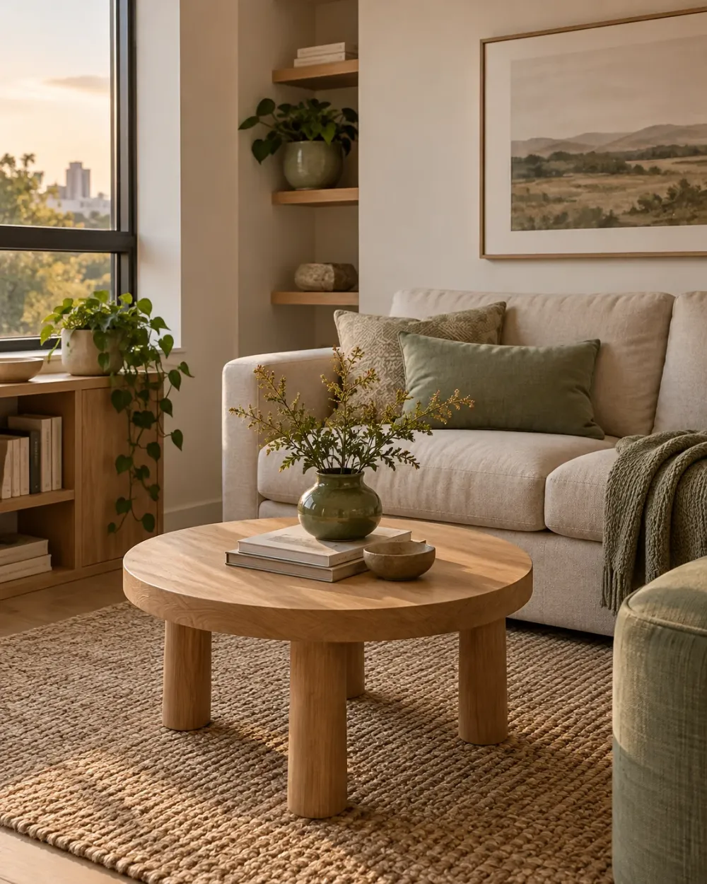 Decorating concept: Muted sage adds a small accent to a warm neutral base.