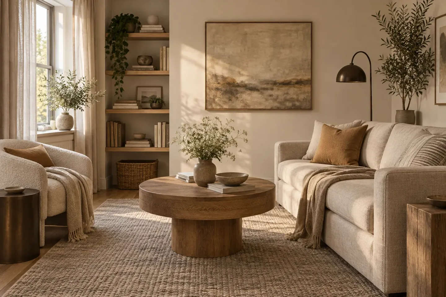 Concept of a warm neutral living room with oatmeal seating, ivory walls, camel cushions, an oak table, and a textured taupe rug.