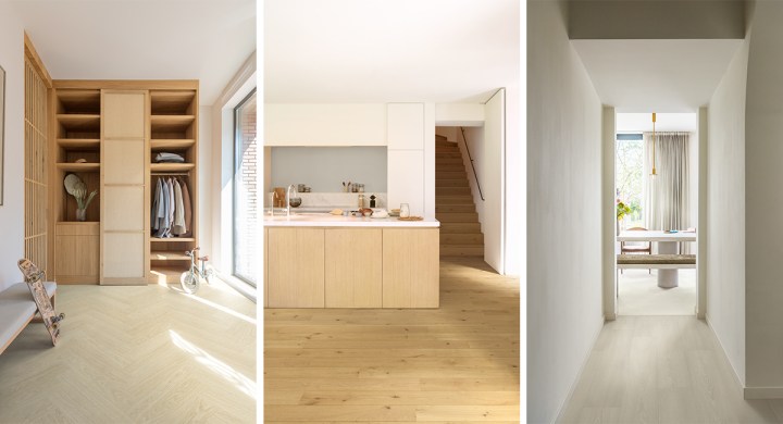 left Ciro, Pure Oak Polar real wood from £49.99 per m2 middle Amato, Pure Oak Extra Matt real wood floor from £59.99 per m2 right Muse, Chalk laminate floor from £32.49 per m2