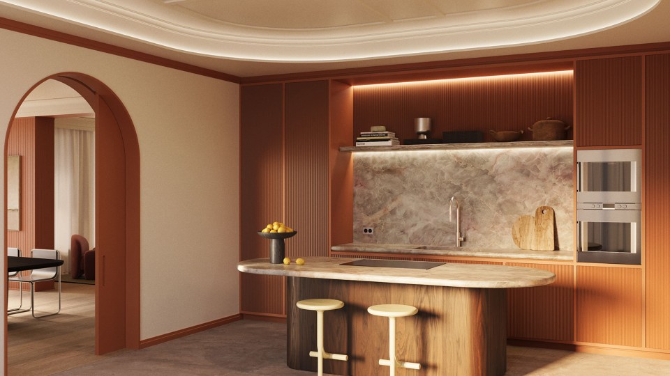 Modern kitchen interior featuring a sculptural pleated wall panel in warm terracotta tones, marble backsplash and curved island, showcasing contemporary architectural wall design by NOËL & MARQUET