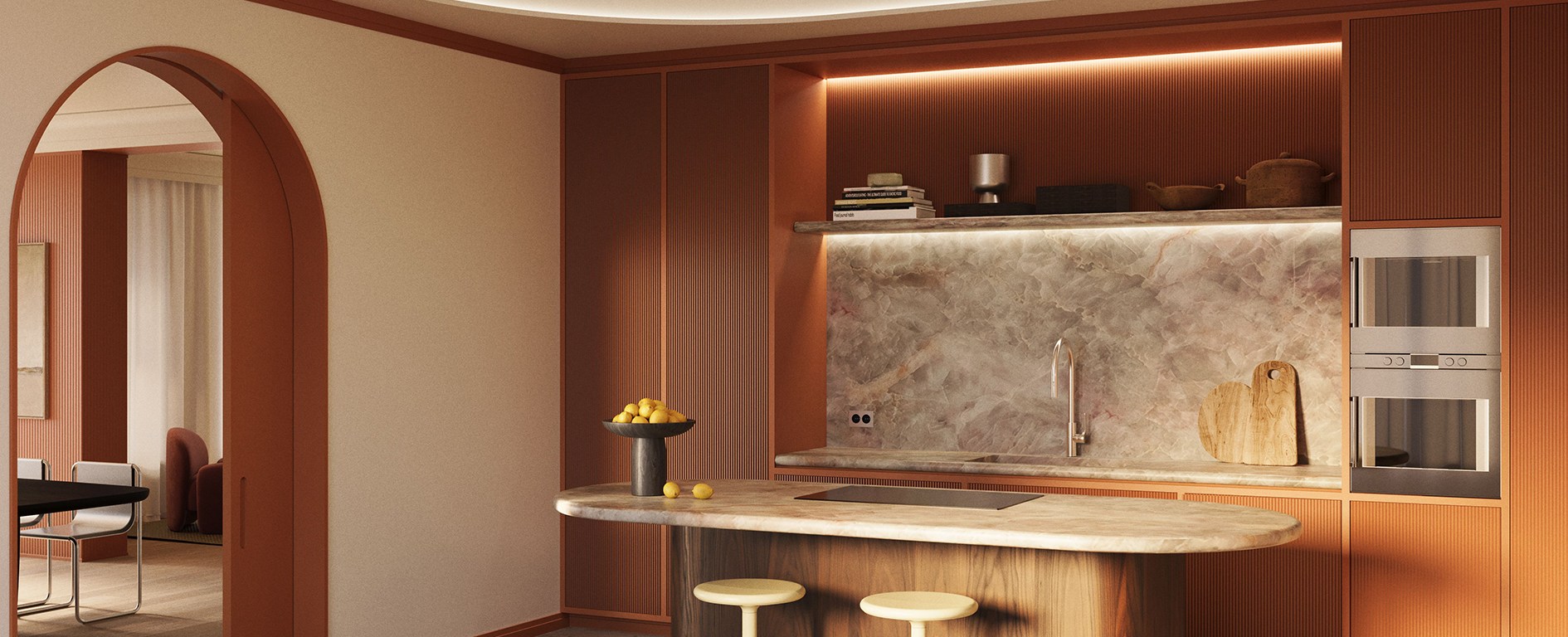 Modern kitchen interior featuring a sculptural pleated wall panel in warm terracotta tones, marble backsplash and curved island, showcasing contemporary architectural wall design by NOËL & MARQUET